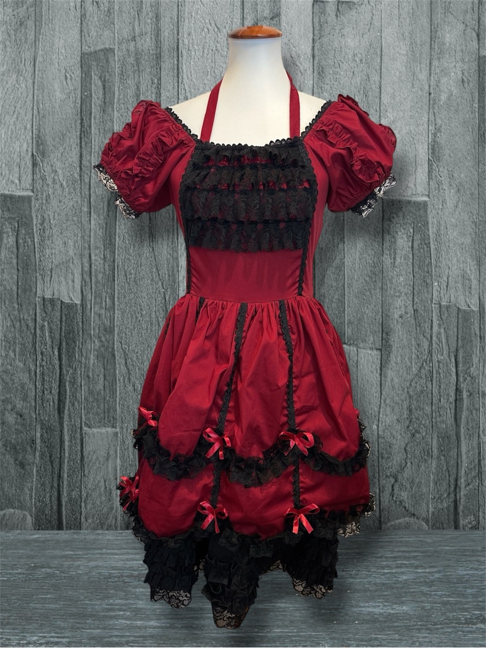 Gothic Lolita Red & Black Ruffled Corset Dress Removable Bows Size S/M